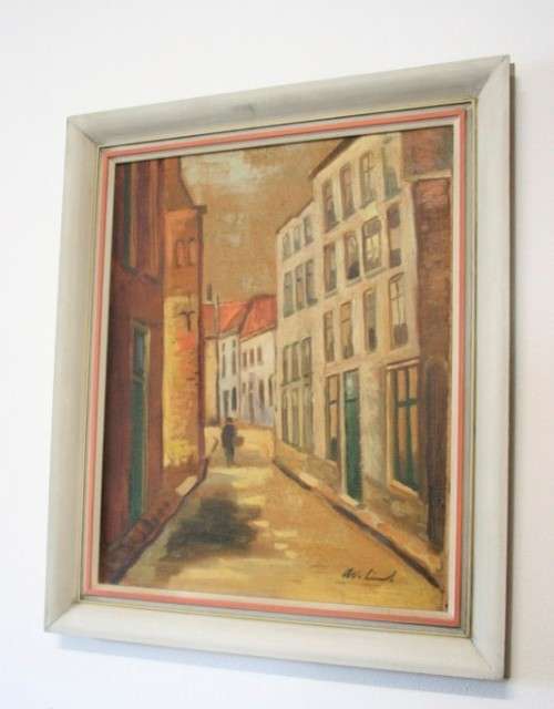 A beautiful framed original signed oil on board painting of a street scene. Lifespace Sale