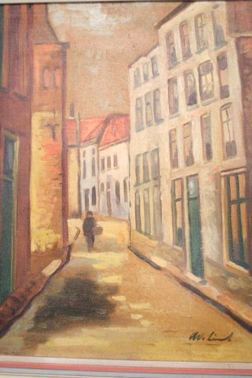 A beautiful framed original signed oil on board painting of a street scene. Lifespace Sale