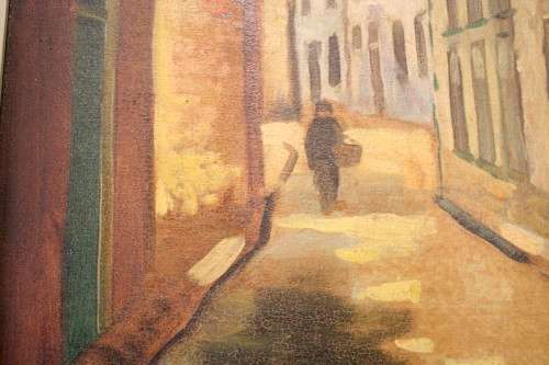 A beautiful framed original signed oil on board painting of a street scene. Lifespace Sale