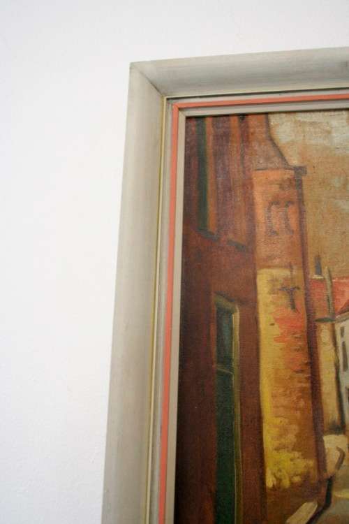 A beautiful framed original signed oil on board painting of a street scene. Lifespace Sale