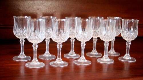 Set of 10 vintage French made "Cristal D'Arques" Longchamp cut crystal dessert wine glasses