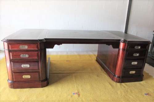Magnificent (2.4m) Regency-style black leather-top french-polished mahogany 16-drawer partners desk