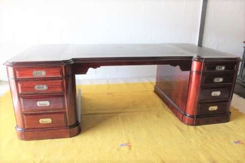 Magnificent (2.4m) Regency-style black leather-top french-polished mahogany 16-drawer partners desk