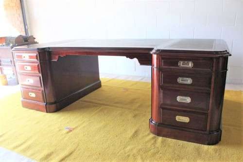 Magnificent (2.4m) Regency-style black leather-top french-polished mahogany 16-drawer partners desk