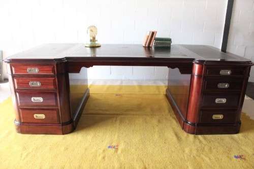 Magnificent (2.4m) Regency-style black leather-top french-polished mahogany 16-drawer partners desk