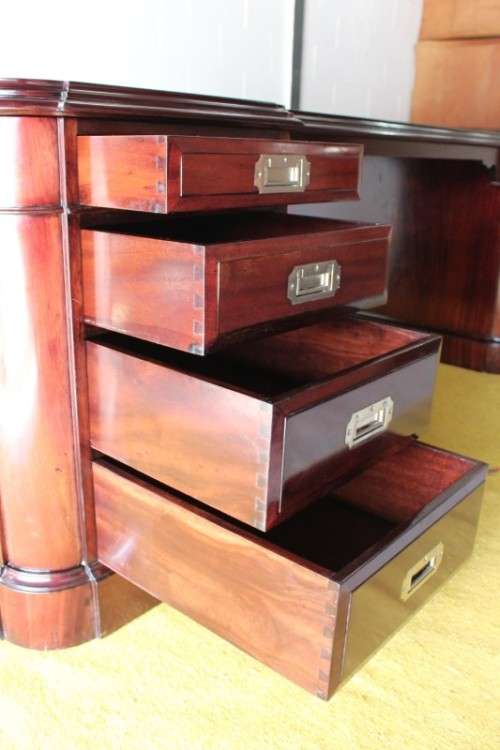 Magnificent (2.4m) Regency-style black leather-top french-polished mahogany 16-drawer partners desk