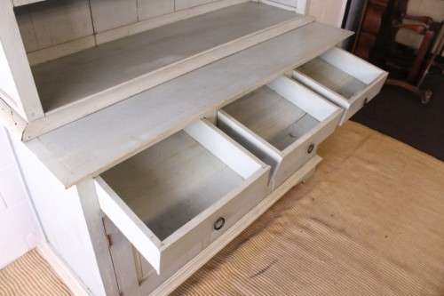 A gorgeous three drawer, three cupboard kitchen buffet side server in a pale blue painted technique