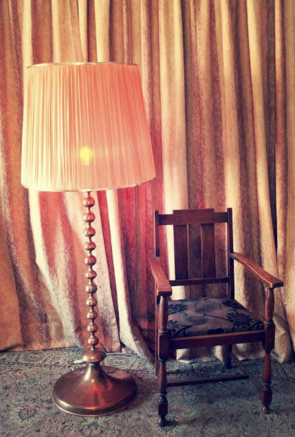 A gorgeous vintage retro styled floor standing copper base lamp with a stunning x large shade.