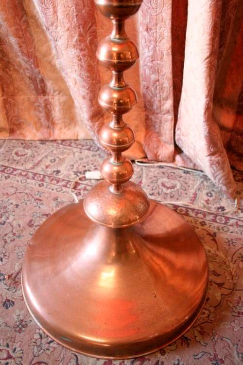 A gorgeous vintage retro styled floor standing copper base lamp with a stunning x large shade.