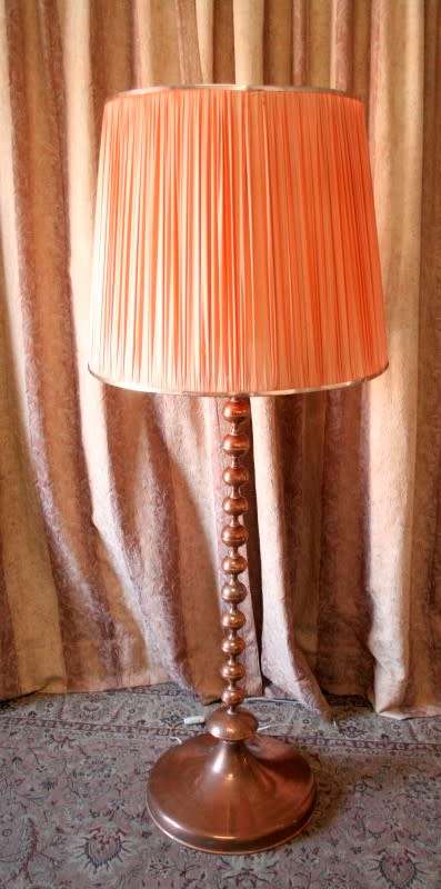 A gorgeous vintage retro styled floor standing copper base lamp with a stunning x large shade.