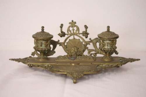 A rare antique (1800's) solid brass Rococo double inkwell desk set with quill holder and stamp box