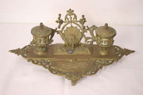 A rare antique (1800's) solid brass Rococo double inkwell desk set with quill holder and stamp box