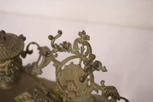 A rare antique (1800's) solid brass Rococo double inkwell desk set with quill holder and stamp box