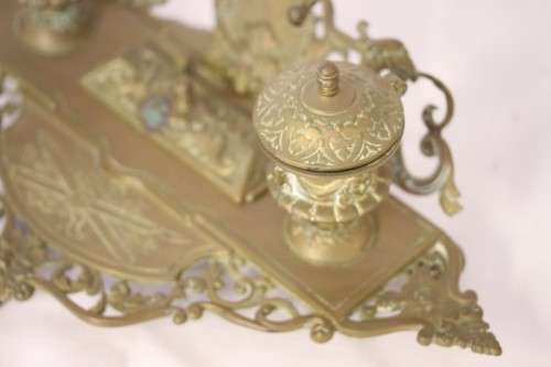 A rare antique (1800's) solid brass Rococo double inkwell desk set with quill holder and stamp box