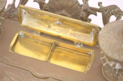 A rare antique (1800's) solid brass Rococo double inkwell desk set with quill holder and stamp box