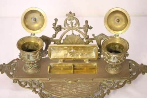 A rare antique (1800's) solid brass Rococo double inkwell desk set with quill holder and stamp box