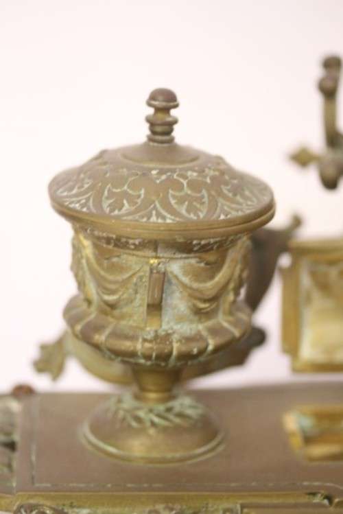 A rare antique (1800's) solid brass Rococo double inkwell desk set with quill holder and stamp box