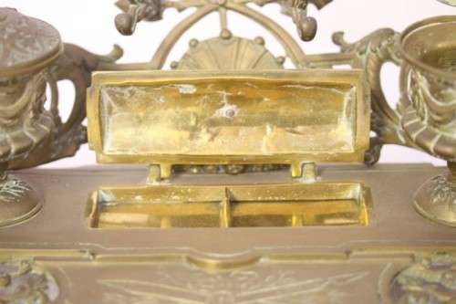 A rare antique (1800's) solid brass Rococo double inkwell desk set with quill holder and stamp box