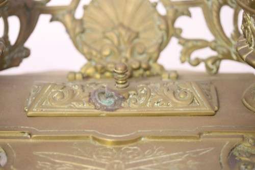 A rare antique (1800's) solid brass Rococo double inkwell desk set with quill holder and stamp box