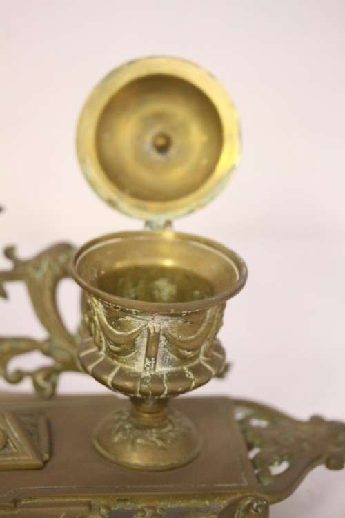 A rare antique (1800's) solid brass Rococo double inkwell desk set with quill holder and stamp box