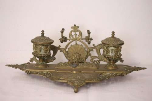 A rare antique (1800's) solid brass Rococo double inkwell desk set with quill holder and stamp box