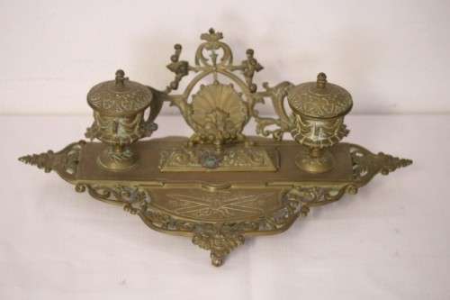 A rare antique (1800's) solid brass Rococo double inkwell desk set with quill holder and stamp box