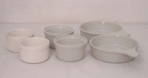 **RS17** An awesome collection of six assorted (three different sizes) white ramekin bowls
