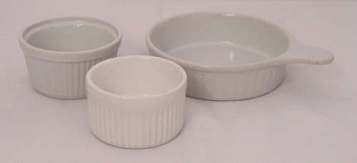 **RS17** An awesome collection of six assorted (three different sizes) white ramekin bowls