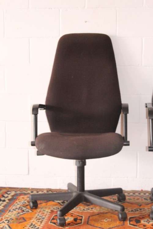 **RS17** 2x mobile high-back office/ desk chairs; one is black the other is brown - one bid for both