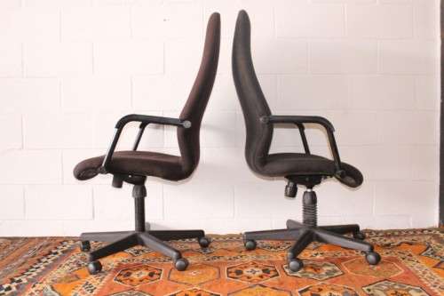 **RS17** 2x mobile high-back office/ desk chairs; one is black the other is brown - one bid for both