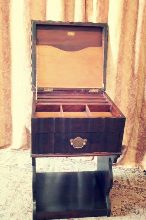 A spectacular and beautifully made vintage Imbuia "Mc Namees" jewellery stand with a drawer.