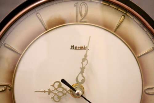 A gorgeous German made Art deco style "Hermle" battery operated gong chiming mantle clock