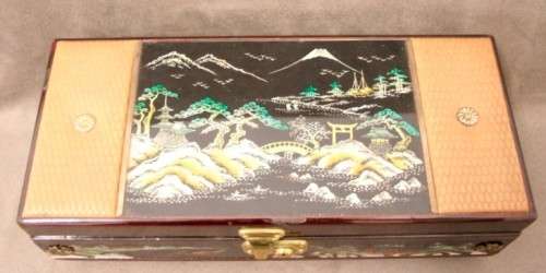 A gorgeous vintage Chinese jewellery box with a mirror, lock and key. Lovely on a dresser.
