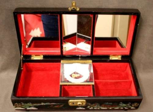 A gorgeous vintage Chinese jewellery box with a mirror, lock and key. Lovely on a dresser.
