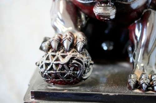 A spectacular pair of Oriental large red resin foo dogs/ temple lions in stunning condition.