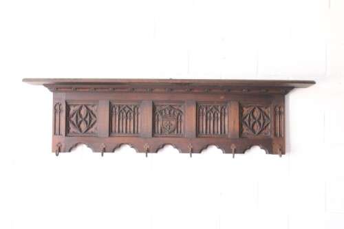 A antique Victorian-era hand carved French oak hat & coat shelf / wrought iron hooks Lifespace Sale