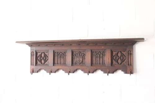 A antique Victorian-era hand carved French oak hat & coat shelf / wrought iron hooks Lifespace Sale