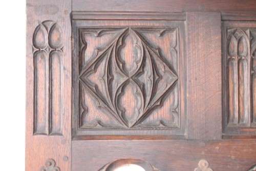 A antique Victorian-era hand carved French oak hat & coat shelf / wrought iron hooks Lifespace Sale