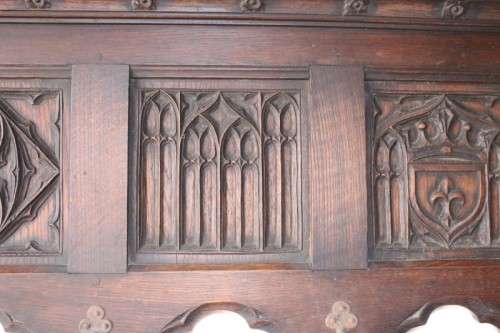 A antique Victorian-era hand carved French oak hat & coat shelf / wrought iron hooks Lifespace Sale