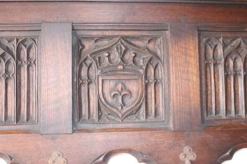 A antique Victorian-era hand carved French oak hat & coat shelf / wrought iron hooks Lifespace Sale