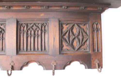 A antique Victorian-era hand carved French oak hat & coat shelf / wrought iron hooks Lifespace Sale
