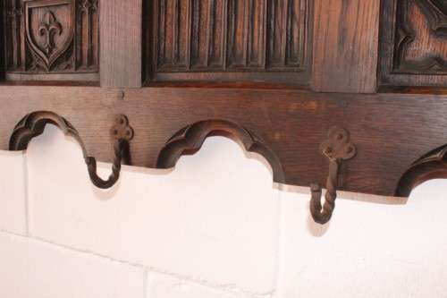 A antique Victorian-era hand carved French oak hat & coat shelf / wrought iron hooks Lifespace Sale