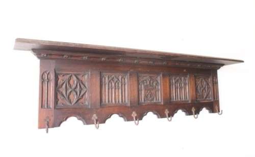 A antique Victorian-era hand carved French oak hat & coat shelf / wrought iron hooks Lifespace Sale