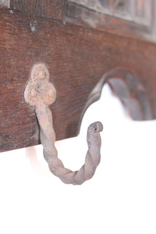 A antique Victorian-era hand carved French oak hat & coat shelf / wrought iron hooks Lifespace Sale