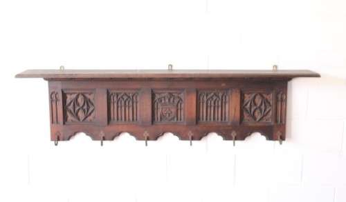 A antique Victorian-era hand carved French oak hat & coat shelf / wrought iron hooks Lifespace Sale
