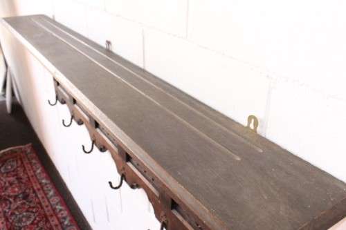 A antique Victorian-era hand carved French oak hat & coat shelf / wrought iron hooks Lifespace Sale