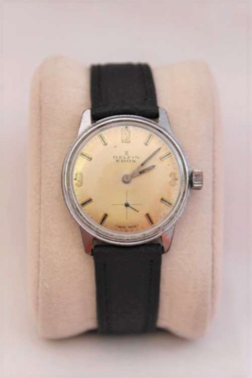 An awesome vintage Swiss made Delfin Edox ladies stainless steel watch with a black leather strap bobshop .za