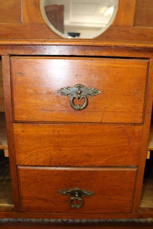A stunning antique oak side server cabinet with a bevelled mirror, loads of drawer & cupboard space