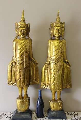 A magnificent pair of gold resin mold Thai temple statues. Amazing display pieces in all rooms! WOW!