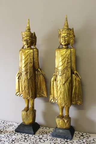 A magnificent pair of gold resin mold Thai temple statues. Amazing display pieces in all rooms! WOW!